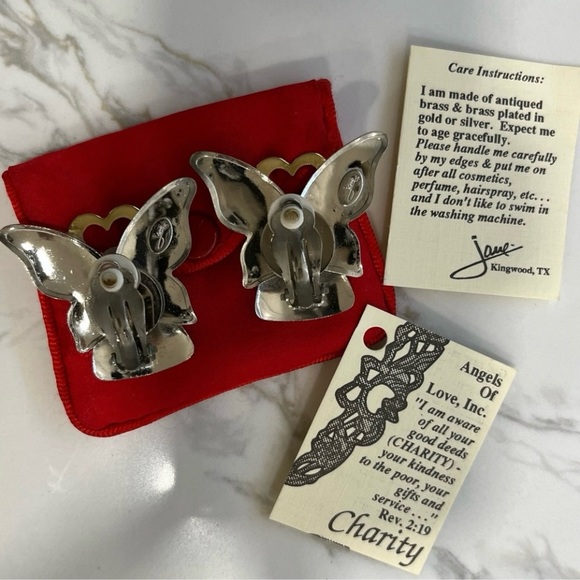 1993 Signed TwoTone Silver Gold HEART Angel Butterfly Earrings Jane Kingwood - Picture 7 of 7